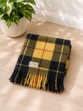 Vintage MacLeod Clan Tartan Wool Throw Blanket Fringe Scottish Plaid Yellow Red